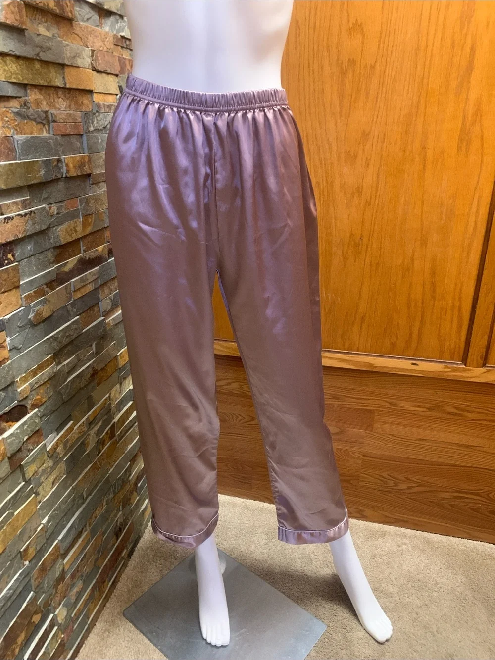 Satin-Look Elastic Waist pajama pants  in Mauve